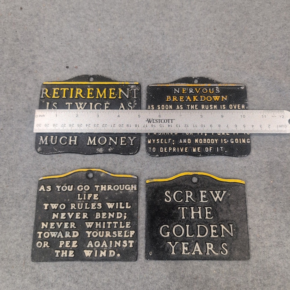 Vintage Cast Metal Retirement Humor Wall Plaques Set of 4 Funny Novelty Signs - Picture 2 of 3